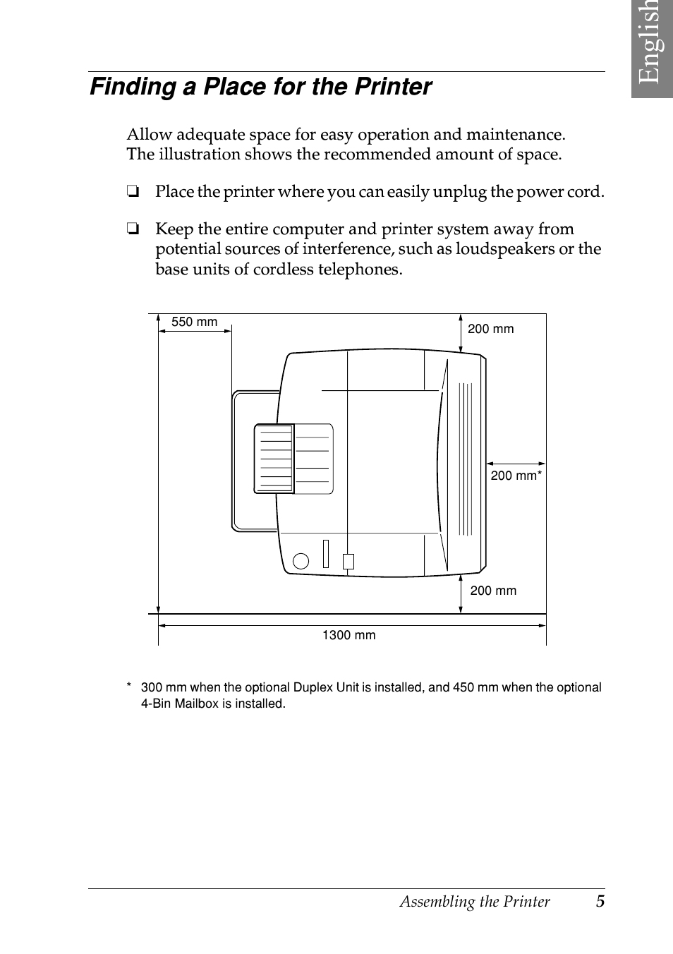 Englis h, Finding a place for the printer | Epson EPL-N7000 User Manual | Page 9 / 50