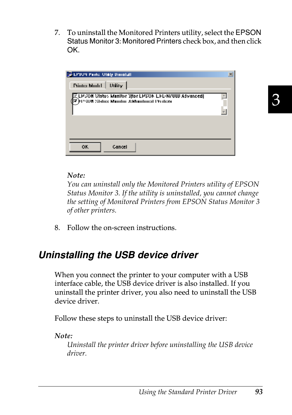 Uninstalling the usb device driver | Epson EPL-N7000 User Manual | Page 104 / 496