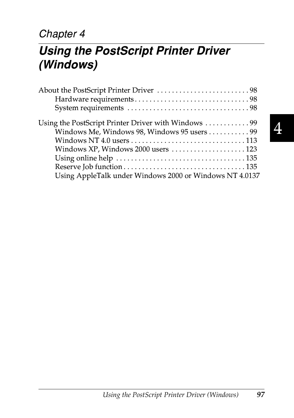 Using the postscript printer driver (windows), Chapter 4 | Epson EPL-N7000 User Manual | Page 108 / 496