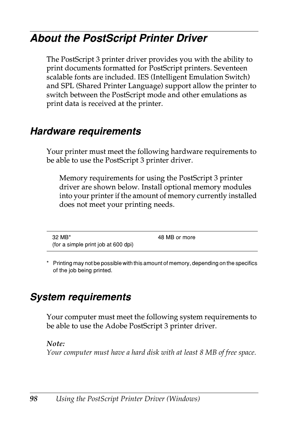 About the postscript printer driver, Hardware requirements, System requirements | Hardware requirements system requirements | Epson EPL-N7000 User Manual | Page 109 / 496