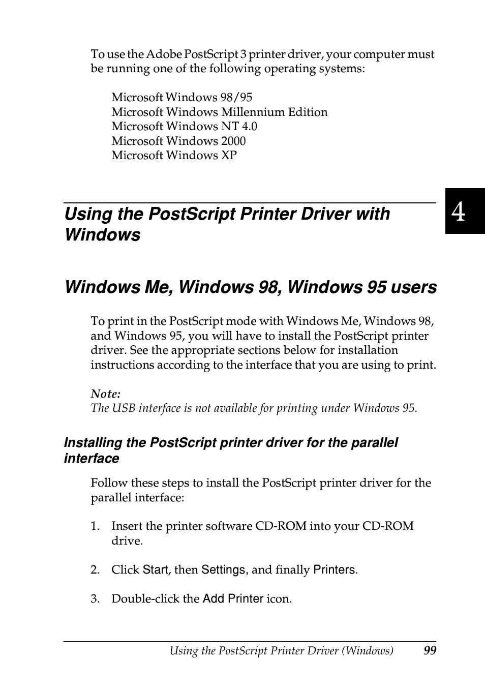 Using the postscript printer driver with windows, Windows me, windows 98, windows 95 users | Epson EPL-N7000 User Manual | Page 110 / 496