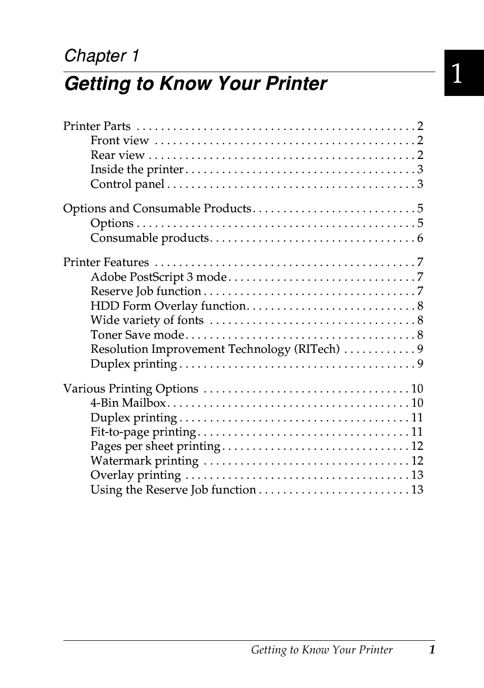 Getting to know your printer, Chapter 1 | Epson EPL-N7000 User Manual | Page 12 / 496
