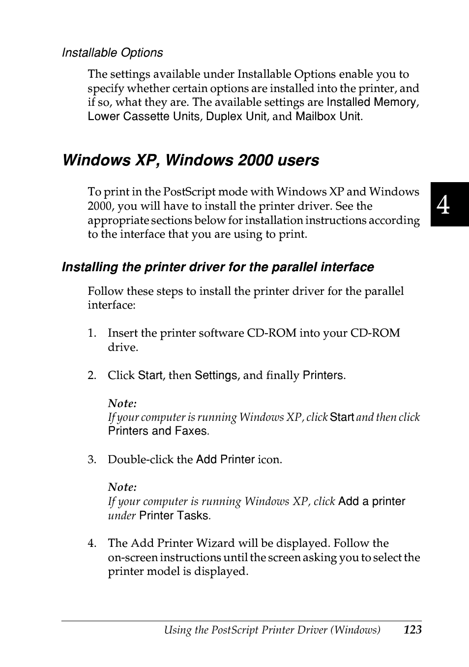 Windows xp, windows 2000 users | Epson EPL-N7000 User Manual | Page 134 / 496