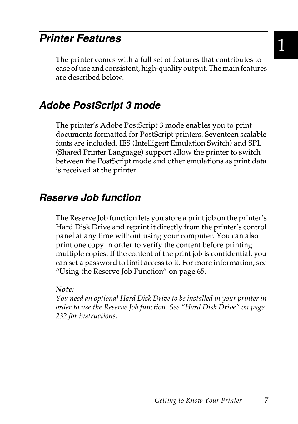 Printer features, Adobe postscript 3 mode, Reserve job function | Adobe postscript 3 mode reserve job function | Epson EPL-N7000 User Manual | Page 18 / 496
