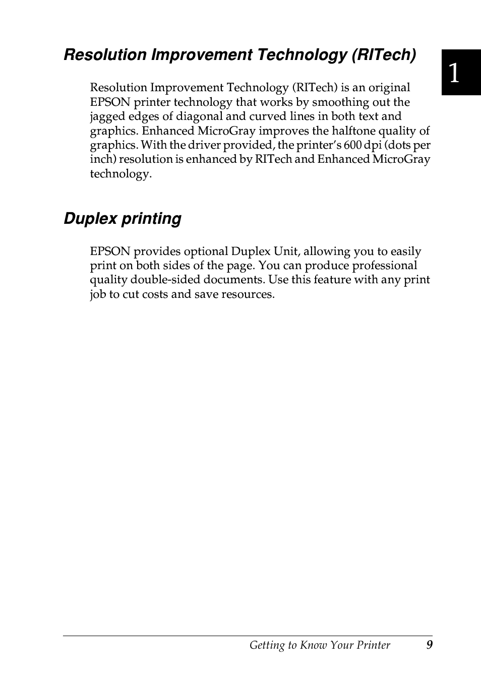 Resolution improvement technology (ritech), Duplex printing | Epson EPL-N7000 User Manual | Page 20 / 496