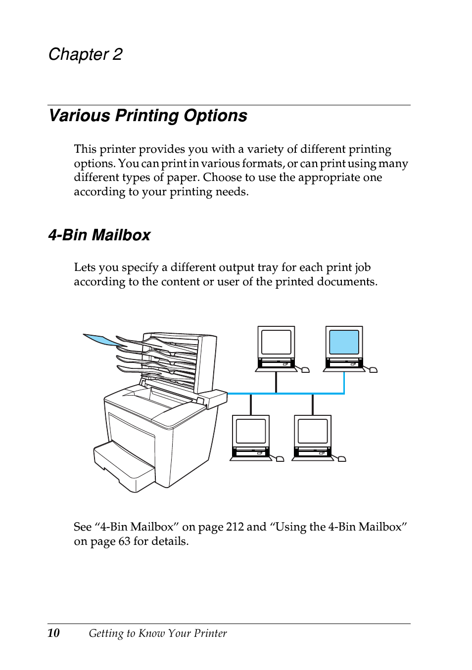 Various printing options, Bin mailbox, Chapter 2 various printing options | Epson EPL-N7000 User Manual | Page 21 / 496
