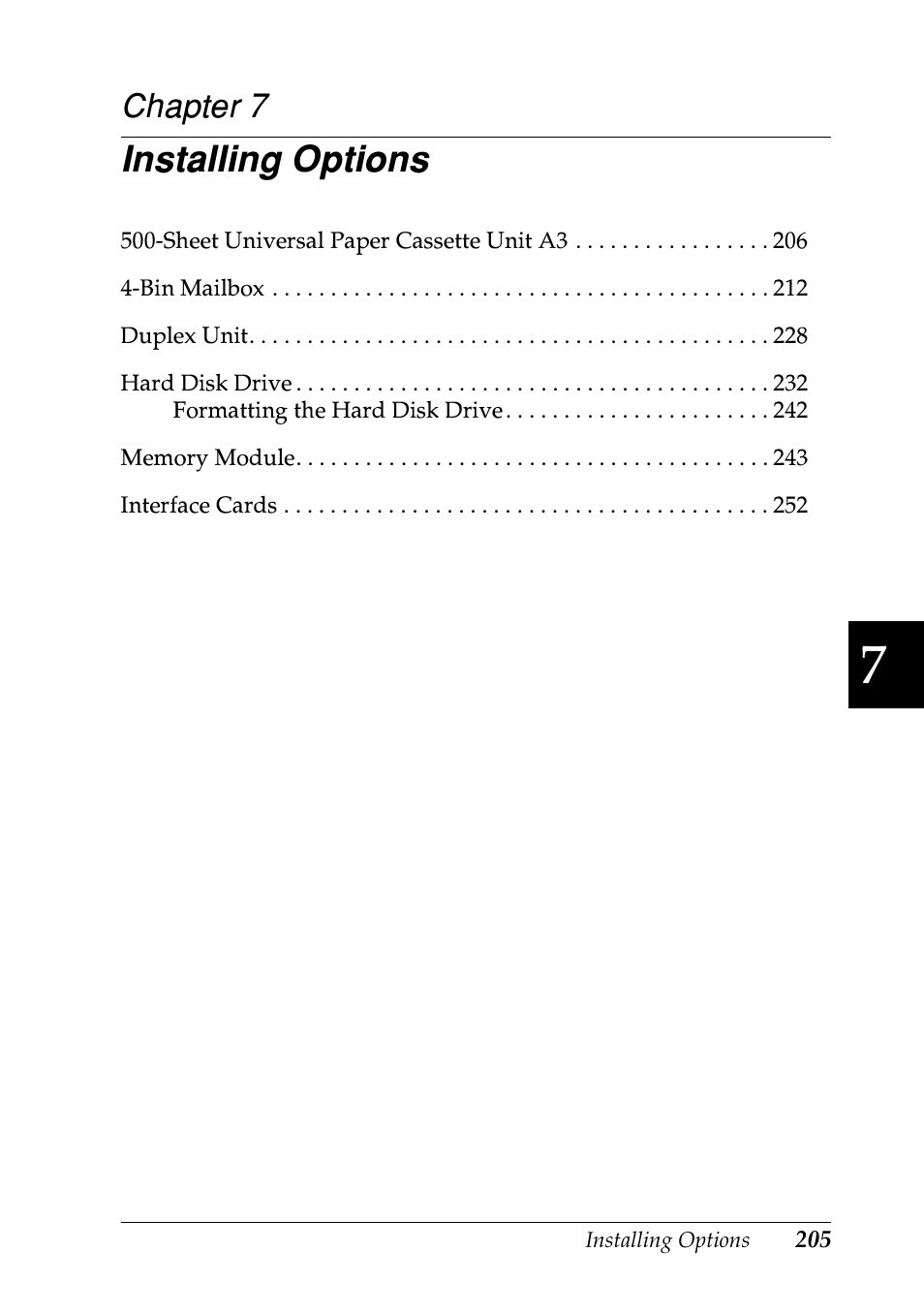 Installing options, Chapter 7 | Epson EPL-N7000 User Manual | Page 216 / 496