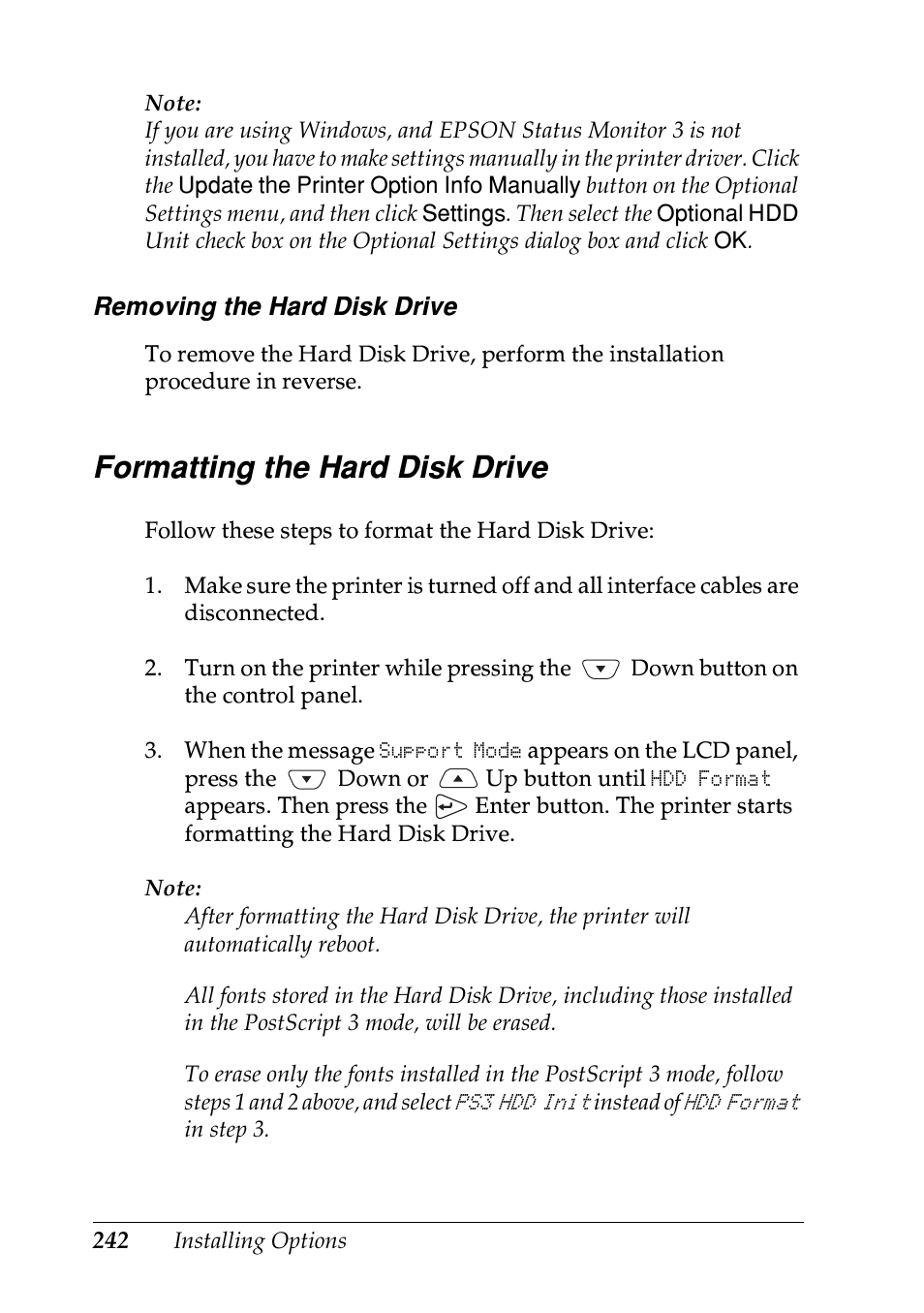 Formatting the hard disk drive | Epson EPL-N7000 User Manual | Page 253 / 496