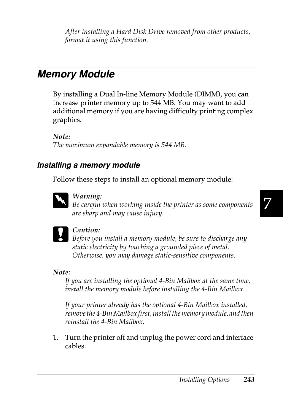 Memory module | Epson EPL-N7000 User Manual | Page 254 / 496