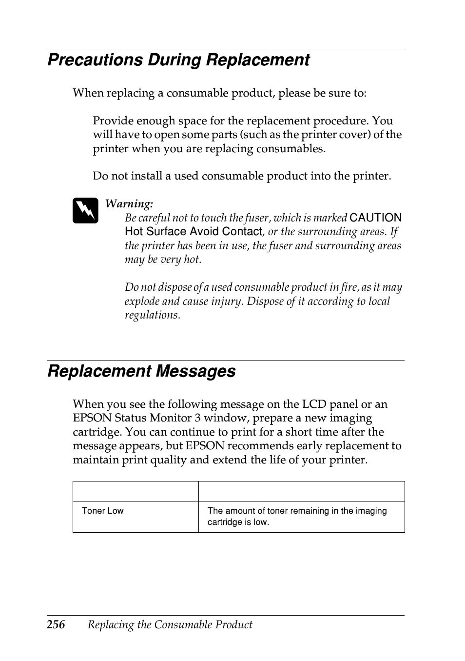 Precautions during replacement, Replacement messages | Epson EPL-N7000 User Manual | Page 267 / 496