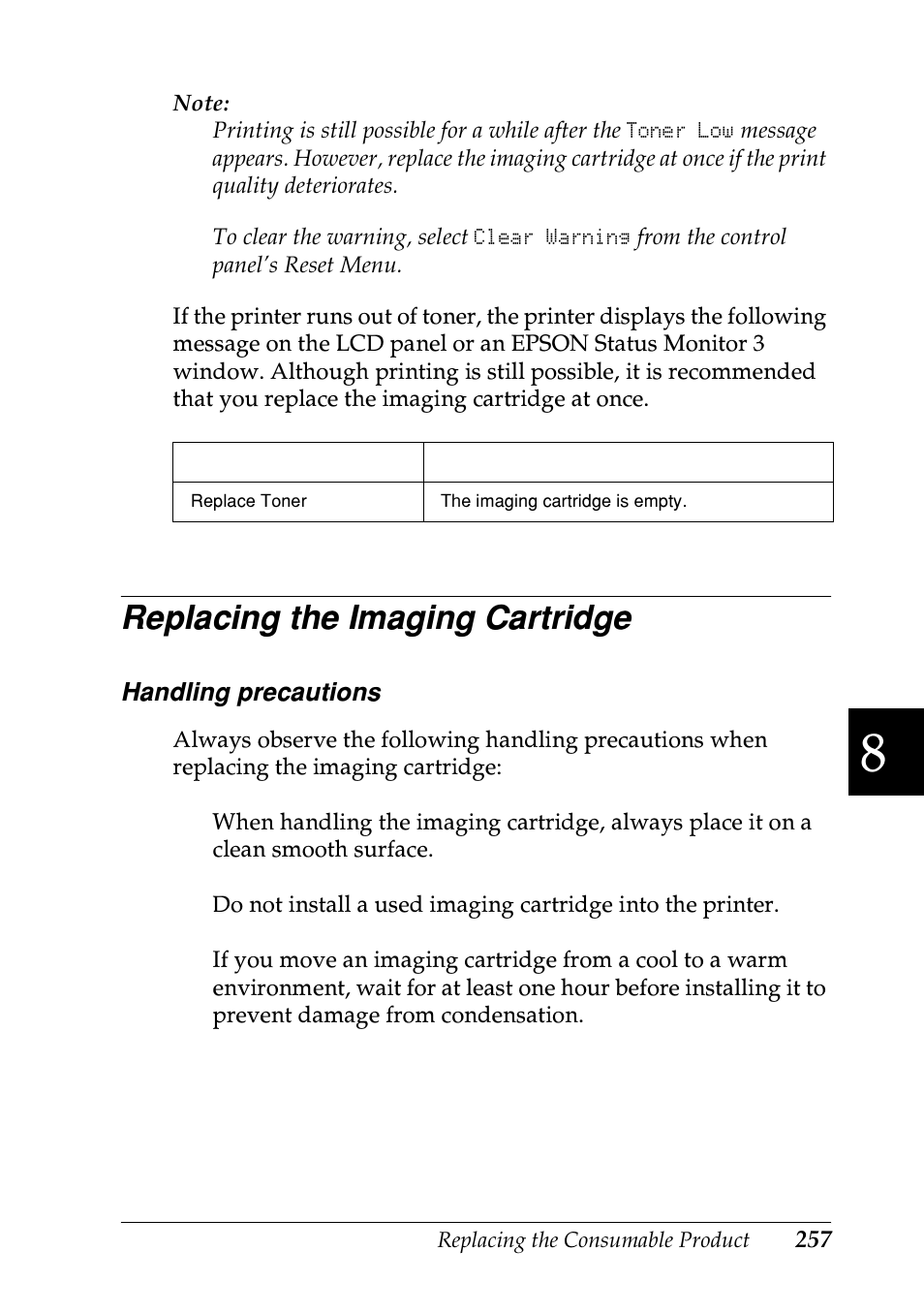 Replacing the imaging cartridge | Epson EPL-N7000 User Manual | Page 268 / 496