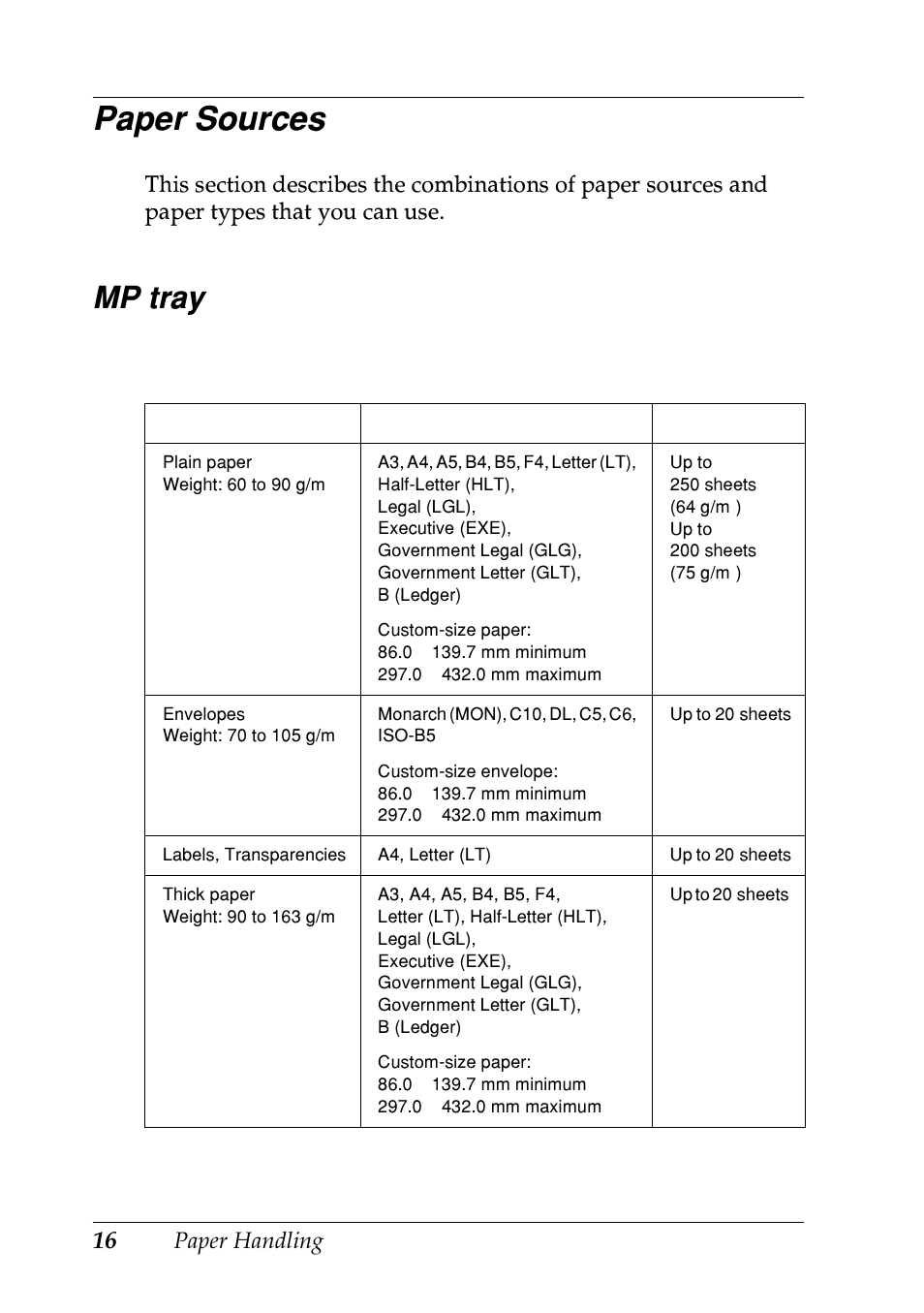Paper sources, Mp tray, Paper handling | Epson EPL-N7000 User Manual | Page 27 / 496
