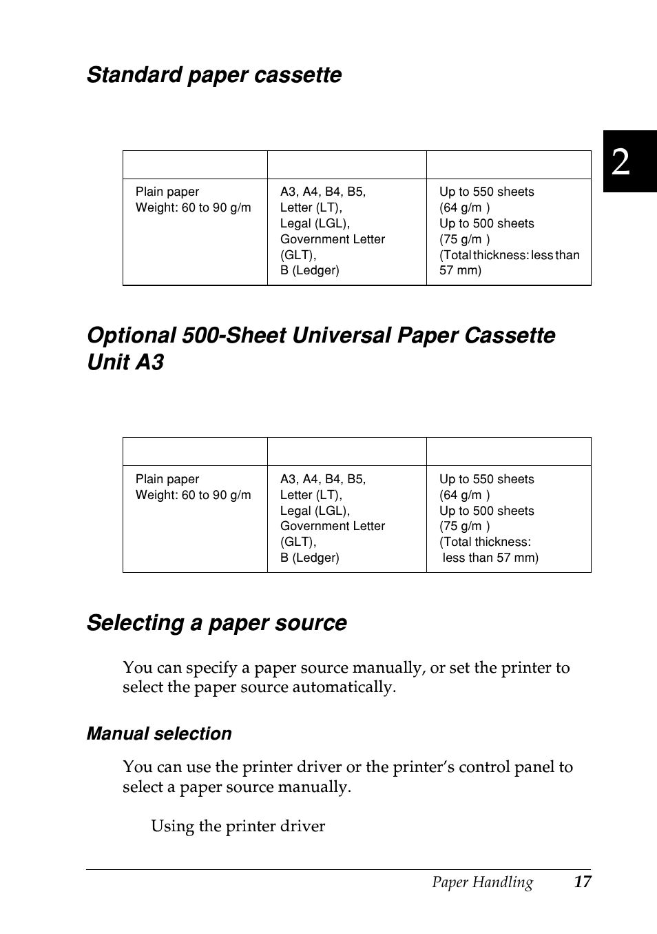 Standard paper cassette, Selecting a paper source | Epson EPL-N7000 User Manual | Page 28 / 496