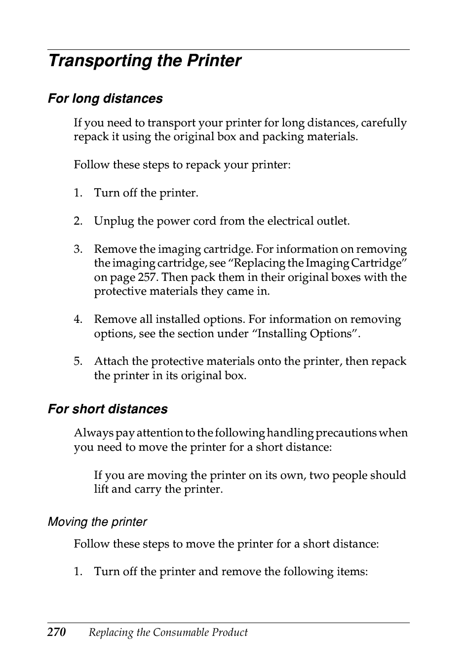 Transporting the printer | Epson EPL-N7000 User Manual | Page 281 / 496