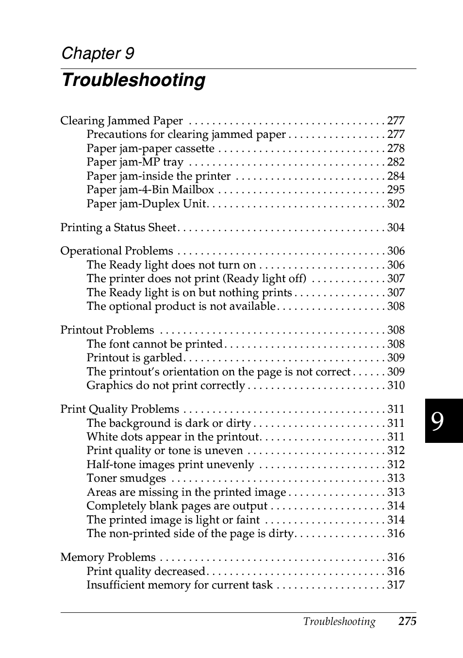 Troubleshooting, Chapter 9 | Epson EPL-N7000 User Manual | Page 286 / 496