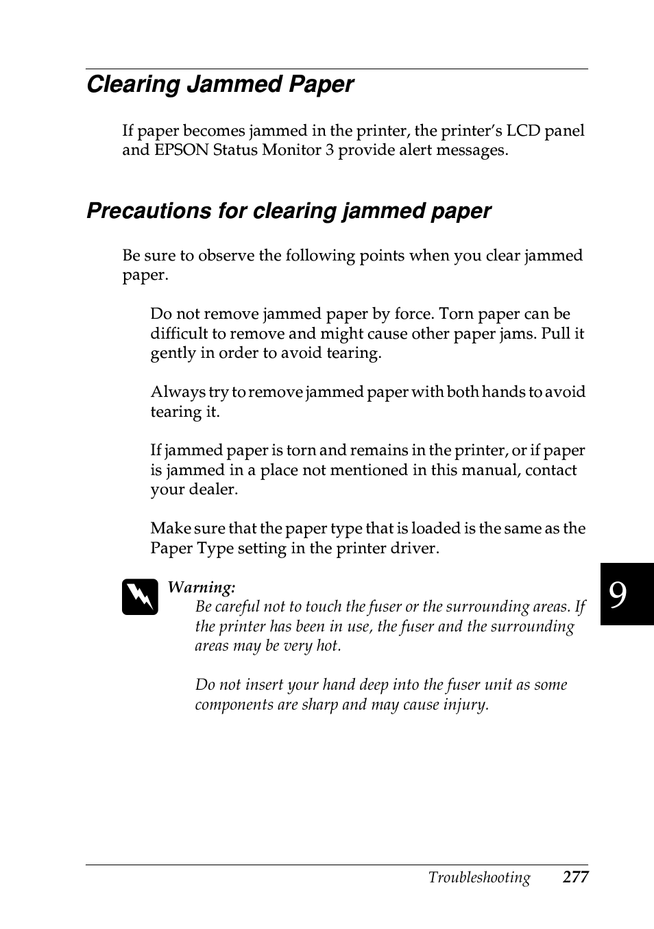 Clearing jammed paper, Precautions for clearing jammed paper | Epson EPL-N7000 User Manual | Page 288 / 496