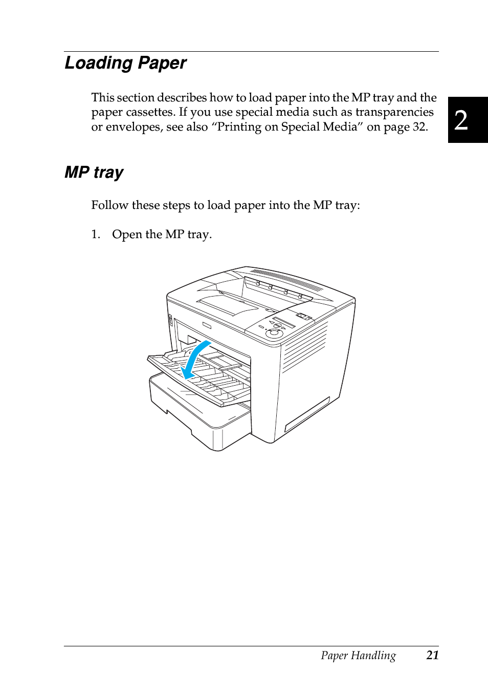 Loading paper, Mp tray | Epson EPL-N7000 User Manual | Page 32 / 496