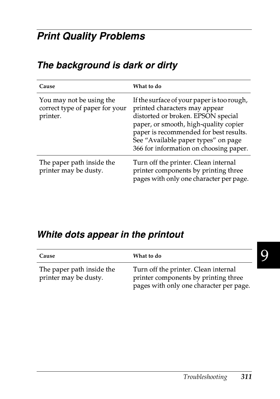 Print quality problems, The background is dark or dirty, White dots appear in the printout | Epson EPL-N7000 User Manual | Page 322 / 496