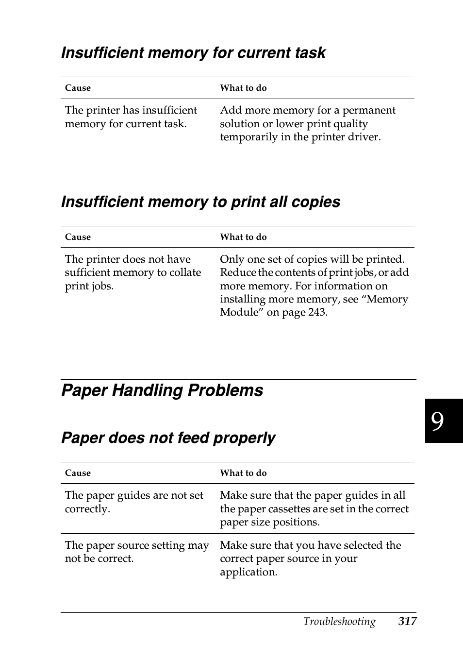 Insufficient memory for current task, Insufficient memory to print all copies, Paper handling problems | Paper does not feed properly | Epson EPL-N7000 User Manual | Page 328 / 496