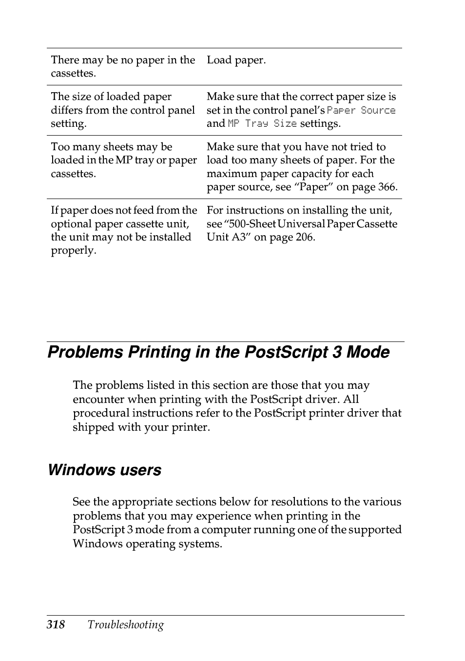 Problems printing in the postscript 3 mode, Windows users | Epson EPL-N7000 User Manual | Page 329 / 496