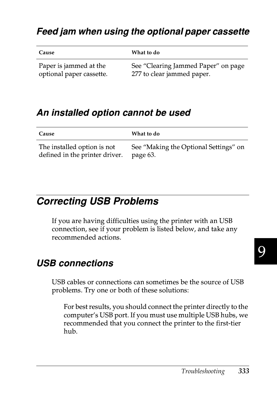 Feed jam when using the optional paper cassette, An installed option cannot be used, Correcting usb problems | Usb connections | Epson EPL-N7000 User Manual | Page 344 / 496