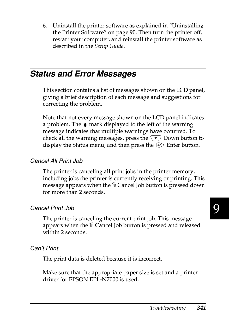Status and error messages | Epson EPL-N7000 User Manual | Page 352 / 496