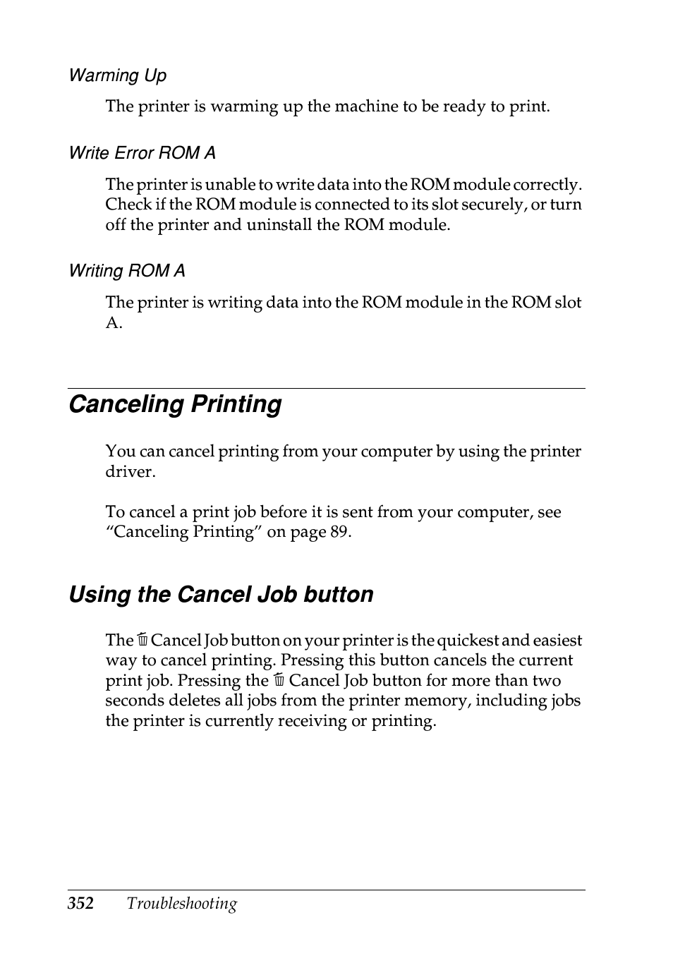 Canceling printing, Using the cancel job button | Epson EPL-N7000 User Manual | Page 363 / 496