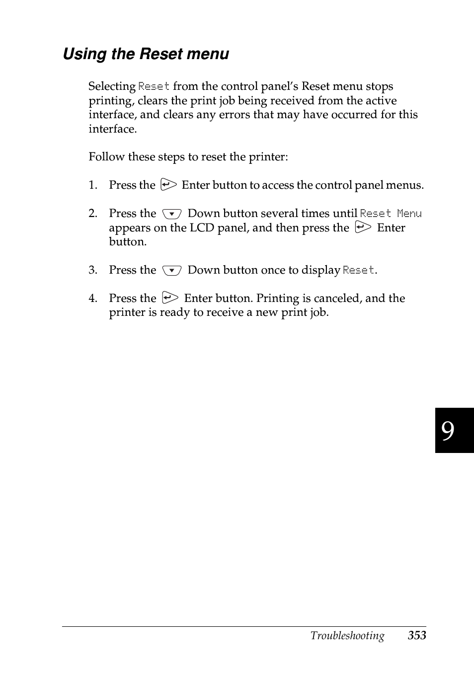 Using the reset menu | Epson EPL-N7000 User Manual | Page 364 / 496