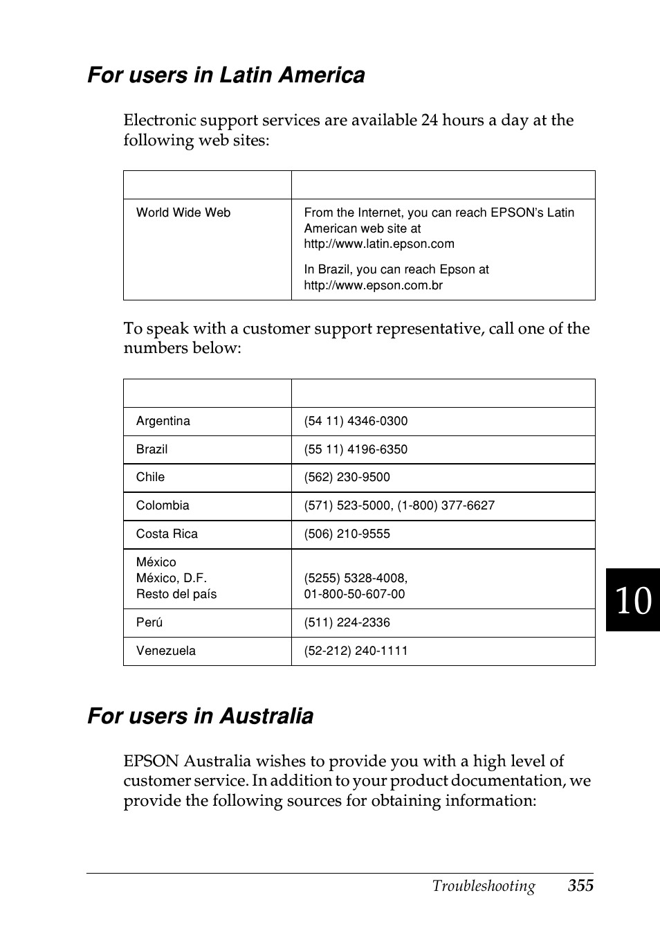 For users in latin america, For users in australia, For users in latin america for users in australia | Epson EPL-N7000 User Manual | Page 366 / 496