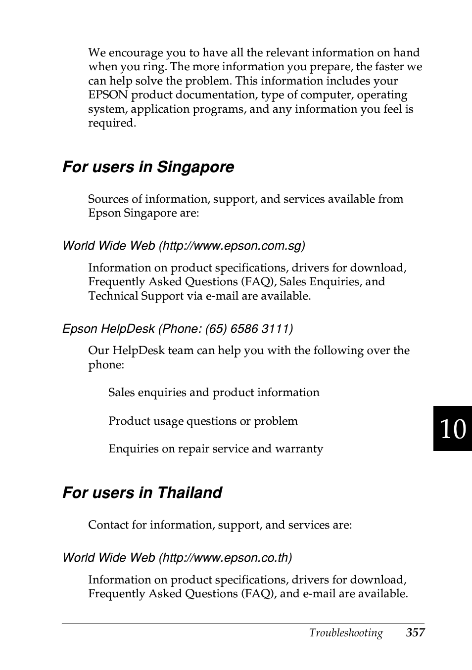 For users in singapore, For users in thailand, For users in singapore for users in thailand | Epson EPL-N7000 User Manual | Page 368 / 496