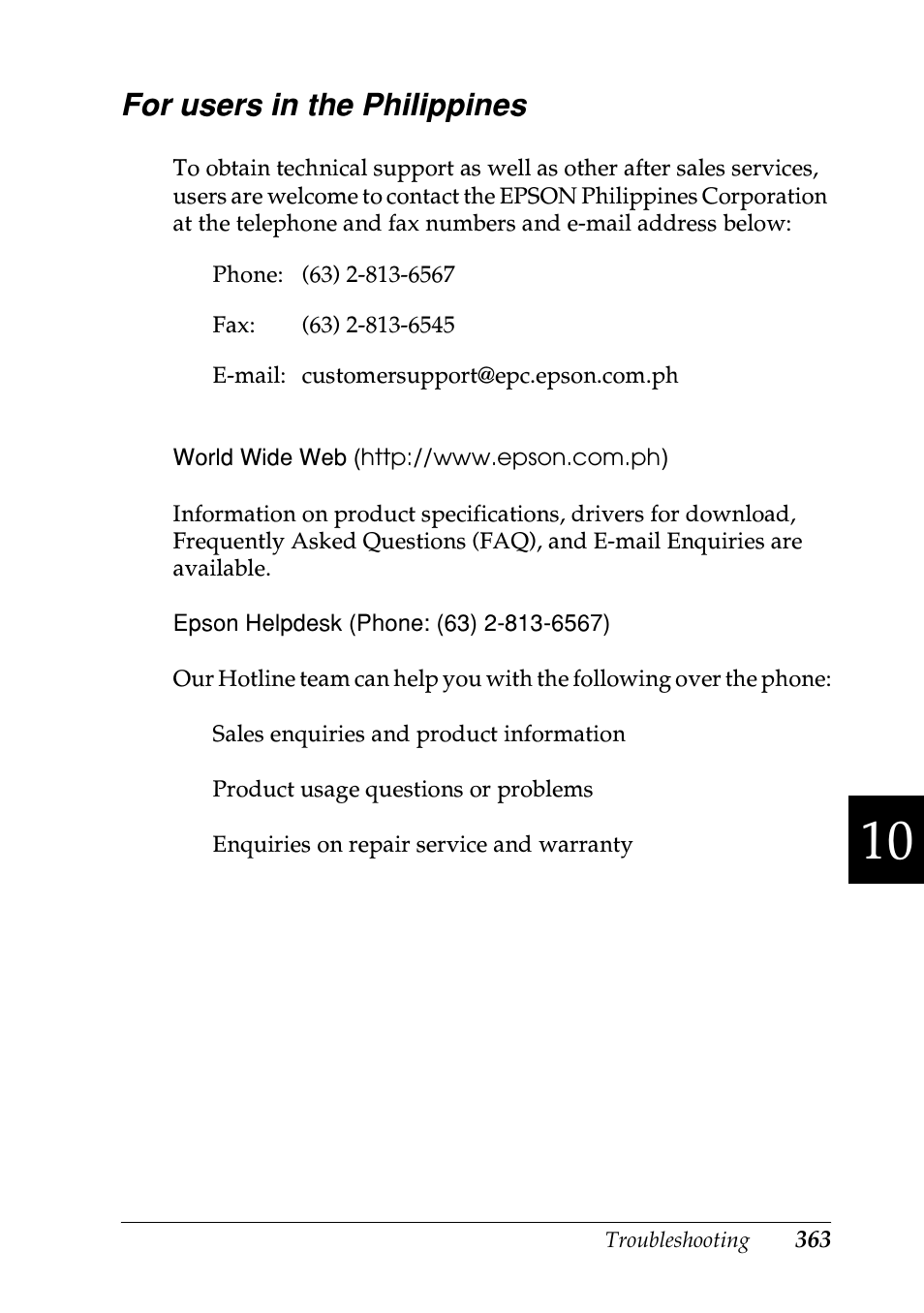 For users in the philippines | Epson EPL-N7000 User Manual | Page 374 / 496