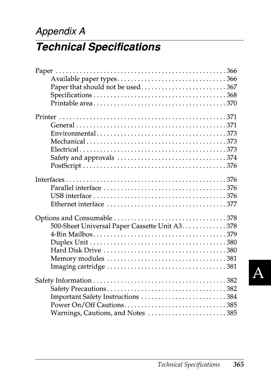 Technical specifications, Appendix a techn | Epson EPL-N7000 User Manual | Page 376 / 496