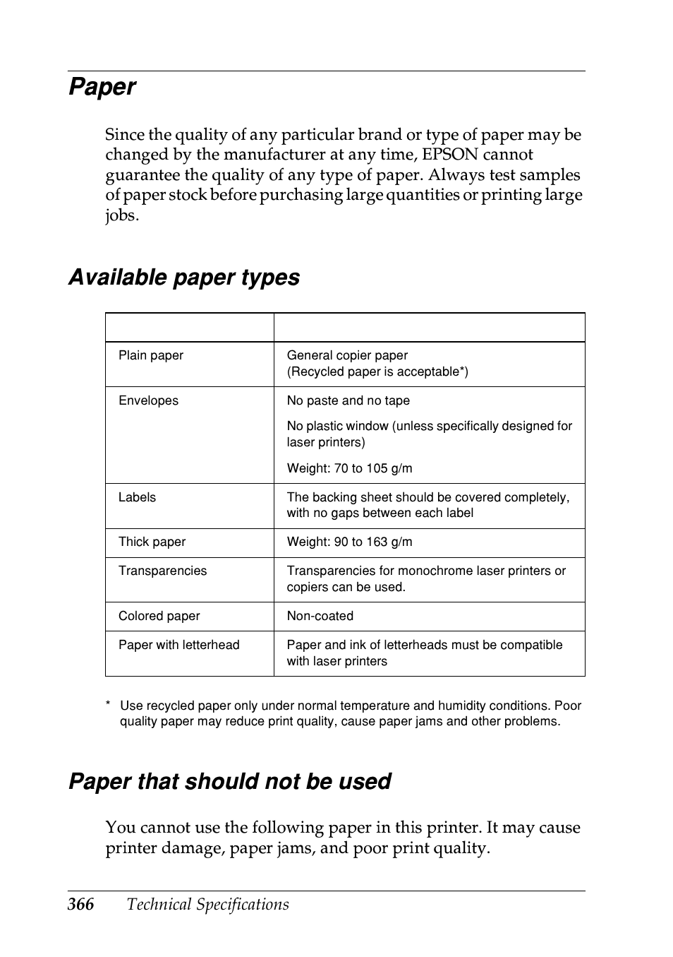 Paper, Available paper types, Paper that should not be used | Epson EPL-N7000 User Manual | Page 377 / 496