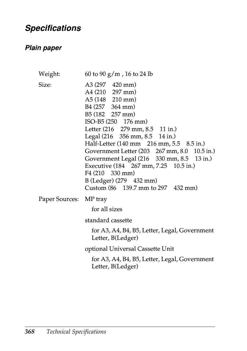 Specifications | Epson EPL-N7000 User Manual | Page 379 / 496