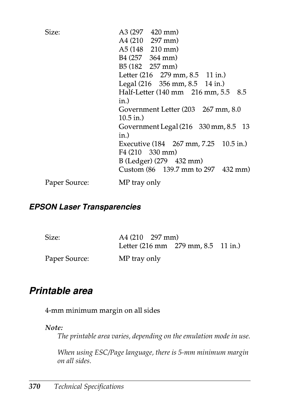 Printable area | Epson EPL-N7000 User Manual | Page 381 / 496