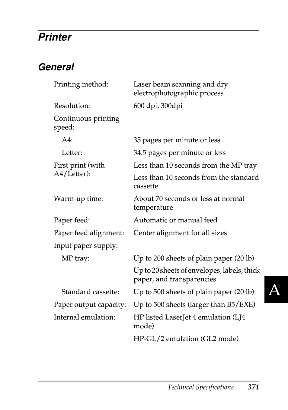 Printer, General | Epson EPL-N7000 User Manual | Page 382 / 496