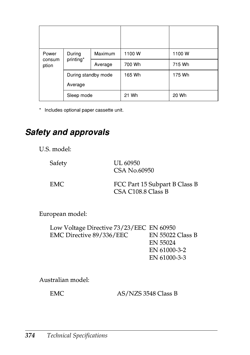 Safety and approvals | Epson EPL-N7000 User Manual | Page 385 / 496