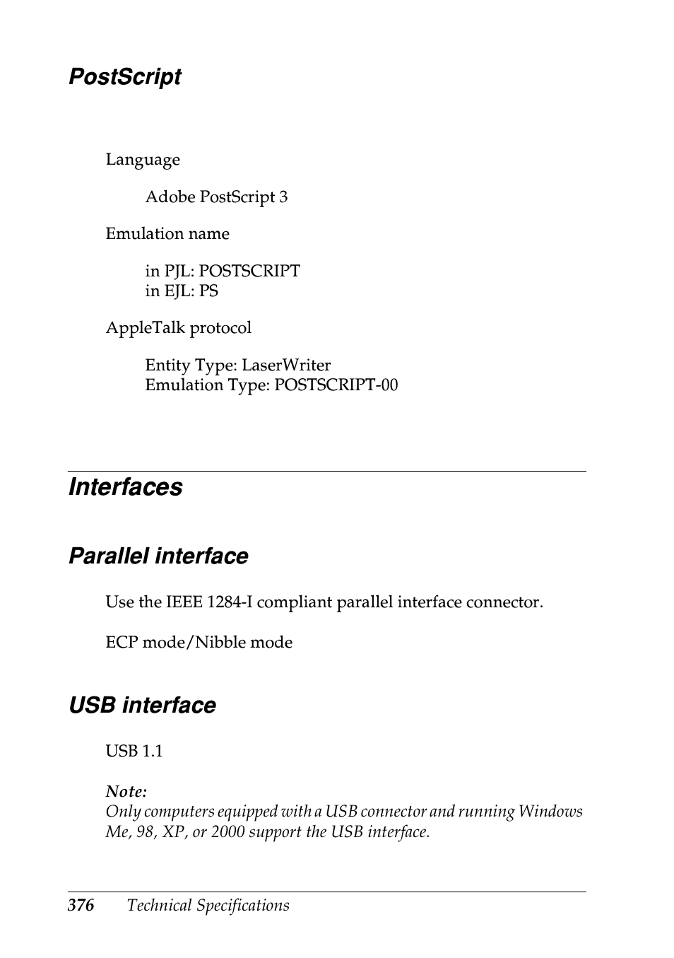 Postscript, Interfaces, Parallel interface | Usb interface, Parallel interface usb interface | Epson EPL-N7000 User Manual | Page 387 / 496