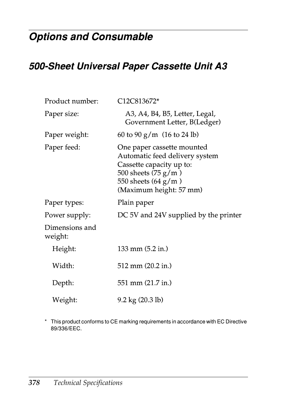 Options and consumable, Sheet universal paper cassette unit a3 | Epson EPL-N7000 User Manual | Page 389 / 496