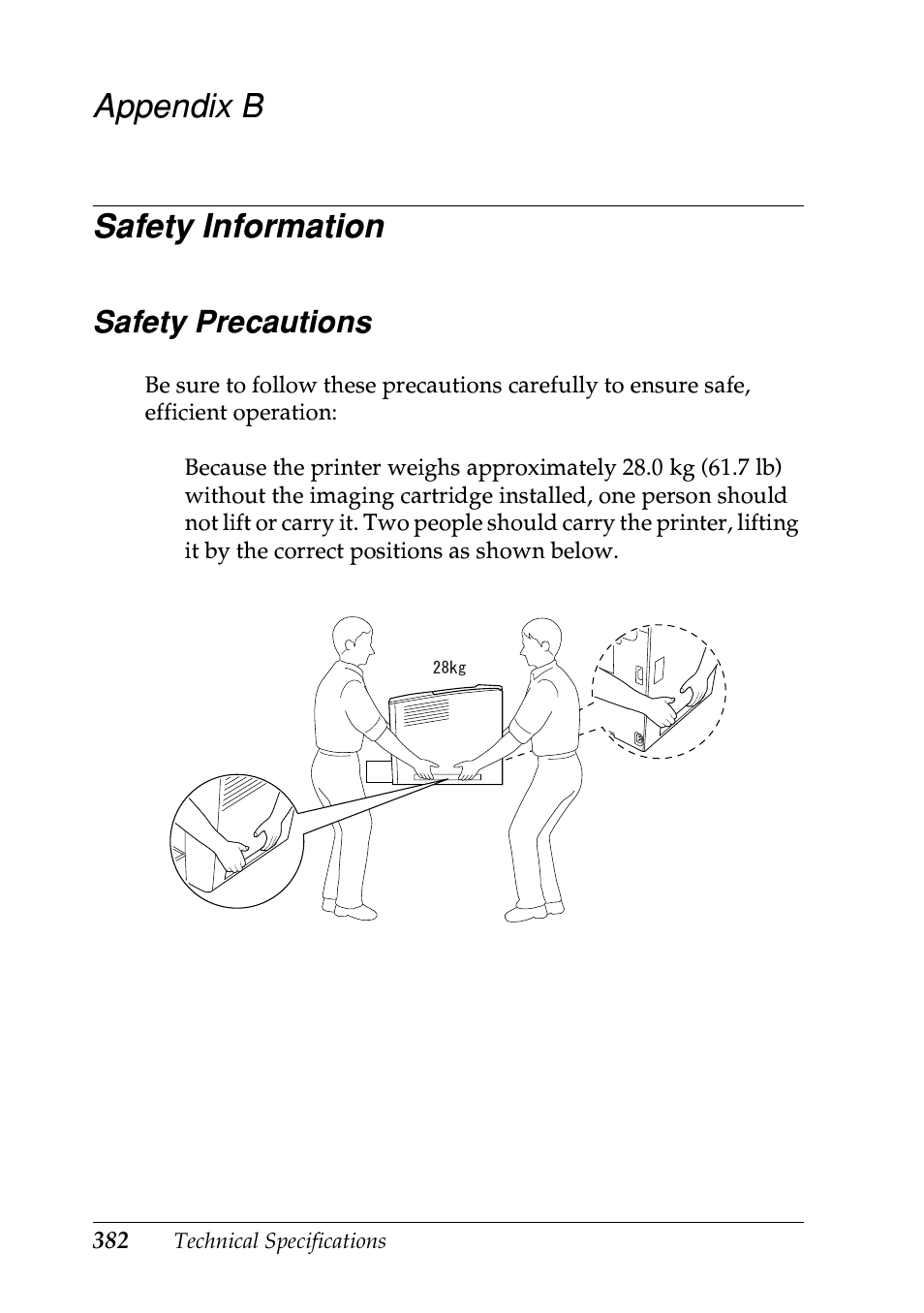 Safety information, Safety precautions, Appendix b safety information | Epson EPL-N7000 User Manual | Page 393 / 496