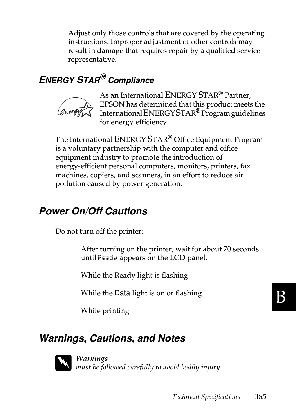 Power on/off cautions, Warnings, cautions, and notes | Epson EPL-N7000 User Manual | Page 396 / 496