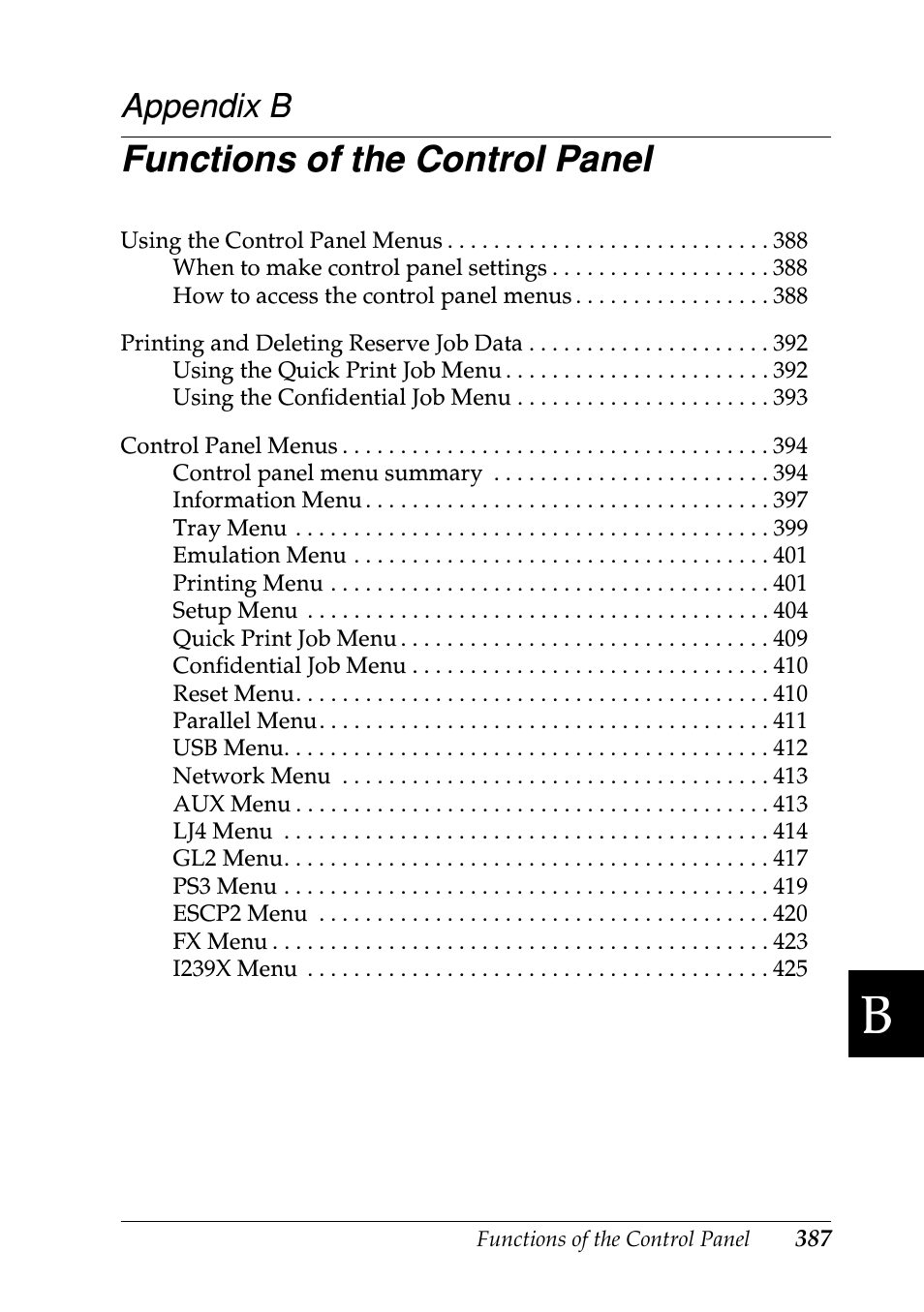 Functions of the control panel, Appendix b | Epson EPL-N7000 User Manual | Page 398 / 496