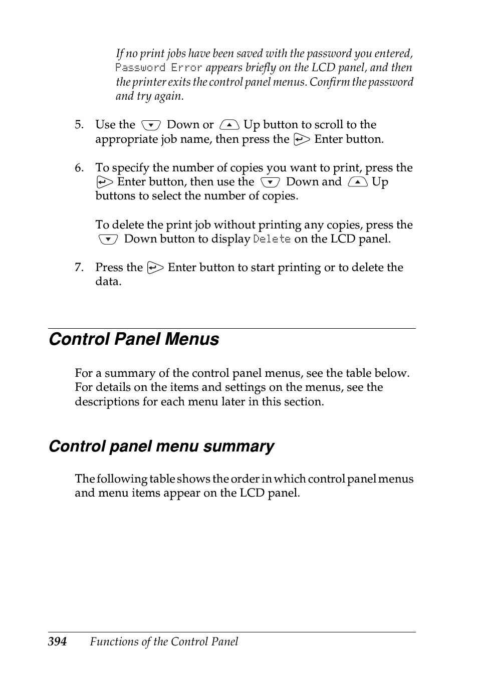 Control panel menus, Control panel menu summary | Epson EPL-N7000 User Manual | Page 405 / 496