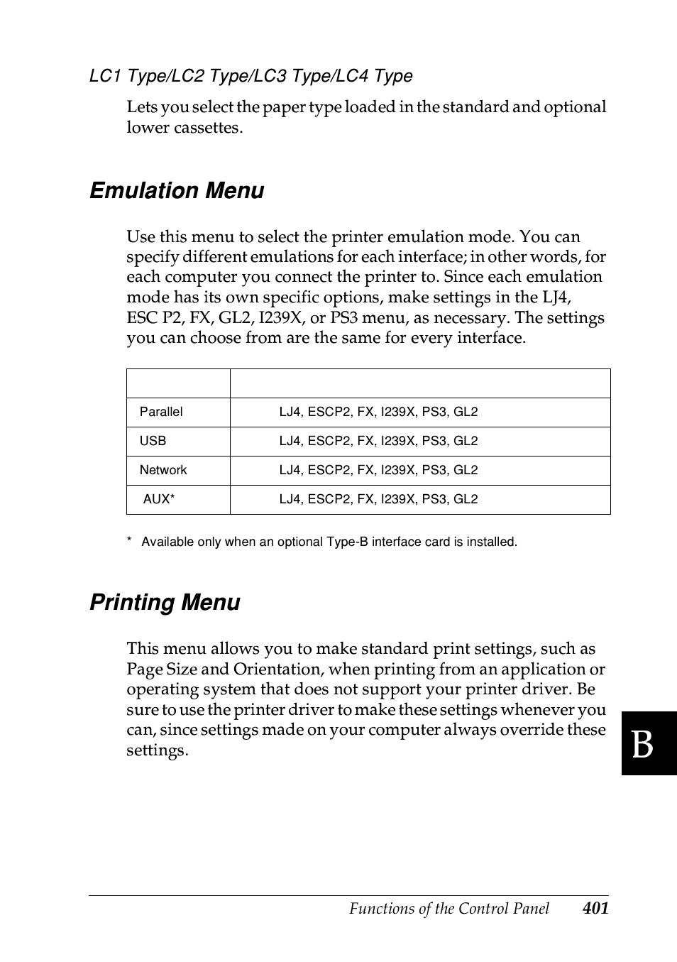 Emulation menu, Printing menu, Emulation menu printing menu | Epson EPL-N7000 User Manual | Page 412 / 496