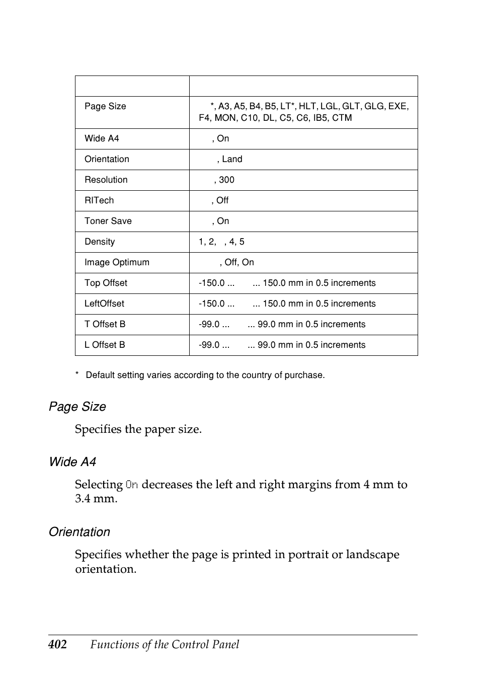 Page size, Wide a4, Orientation | Functions of the control panel, Specifies the paper size | Epson EPL-N7000 User Manual | Page 413 / 496