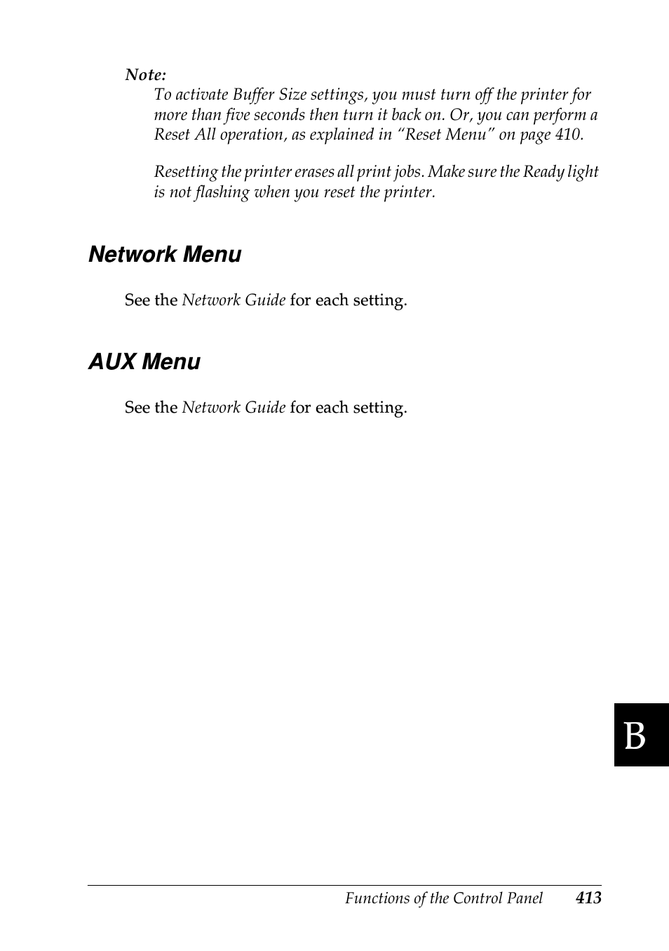 Network menu, Aux menu, Network menu aux menu | Epson EPL-N7000 User Manual | Page 424 / 496