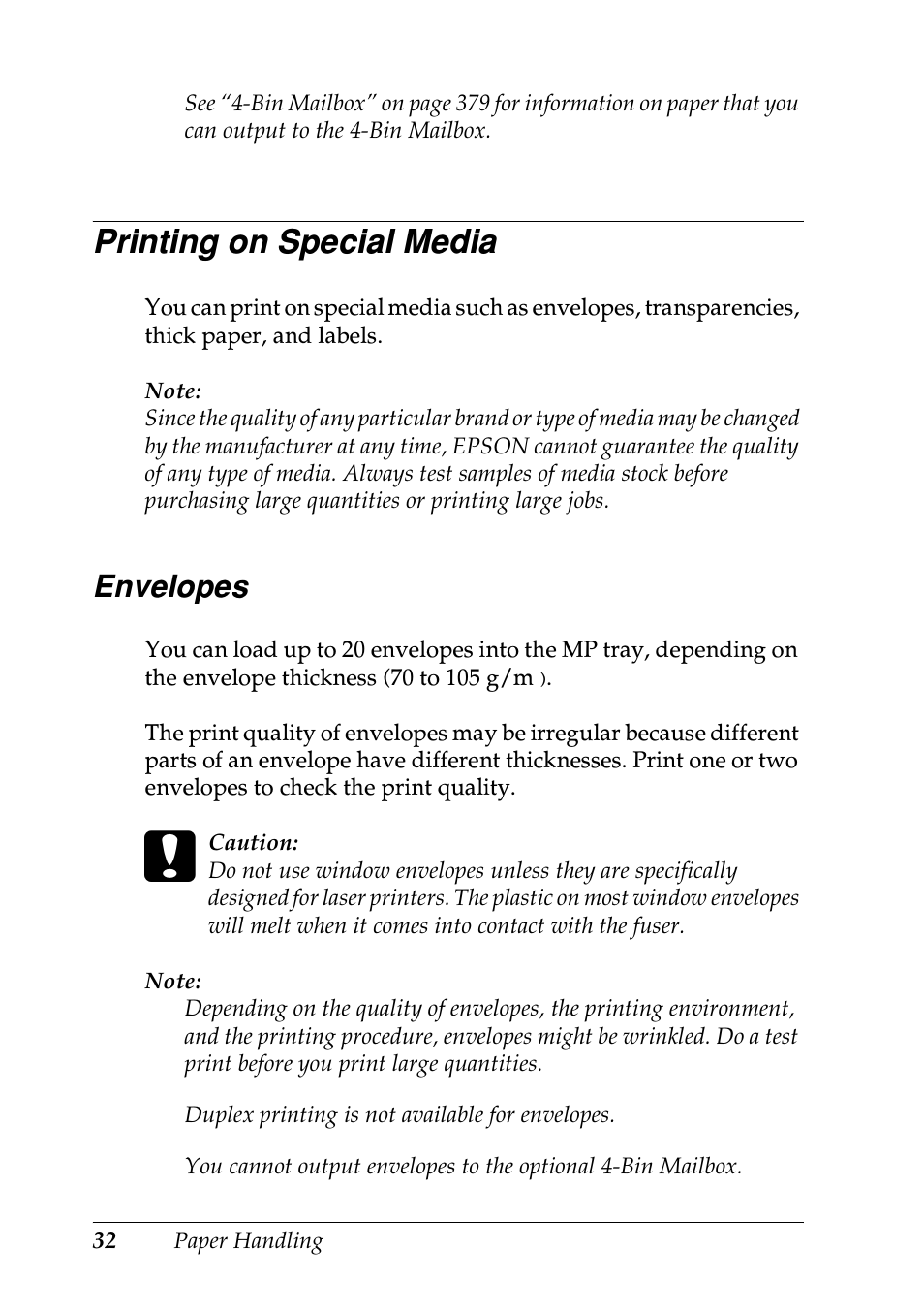 Printing on special media, Envelopes | Epson EPL-N7000 User Manual | Page 43 / 496