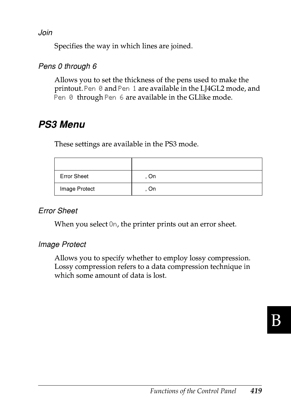 Ps3 menu | Epson EPL-N7000 User Manual | Page 430 / 496