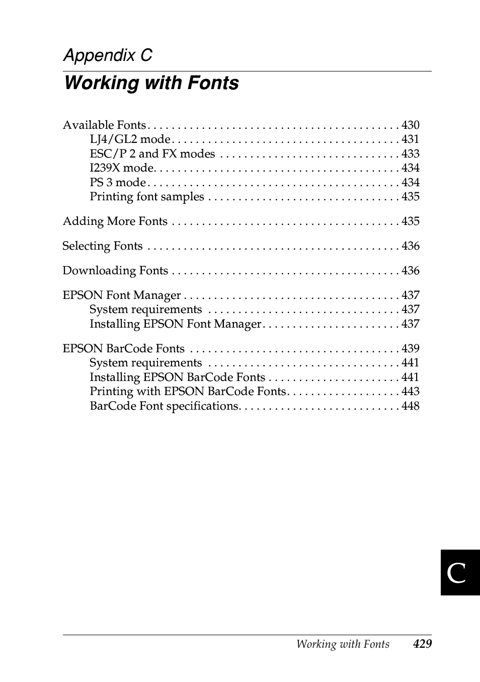 Working with fonts, Appendix c | Epson EPL-N7000 User Manual | Page 440 / 496