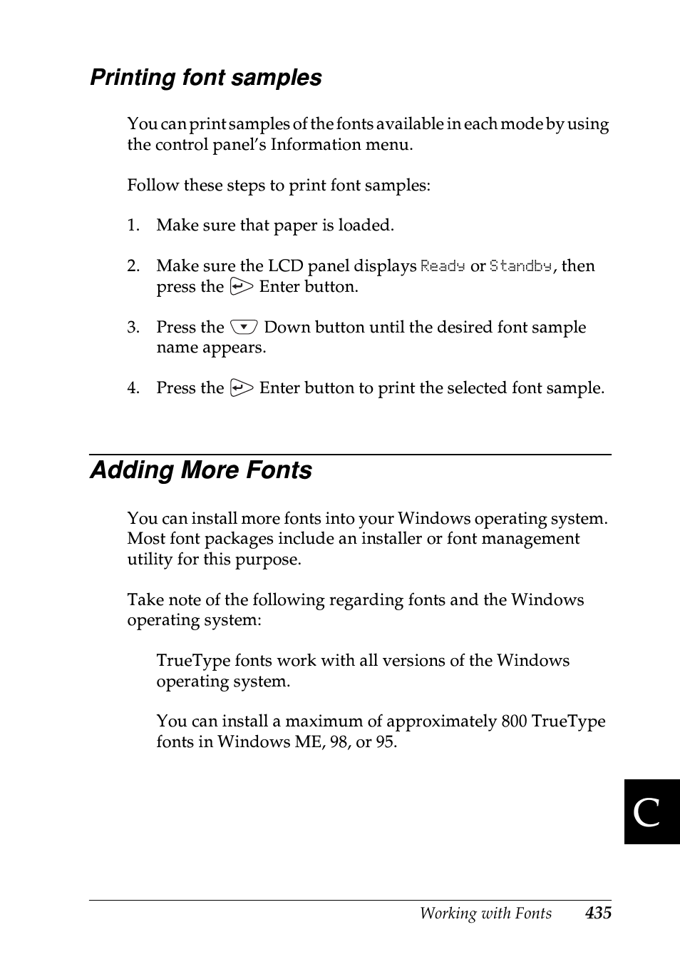 Printing font samples, Adding more fonts | Epson EPL-N7000 User Manual | Page 446 / 496